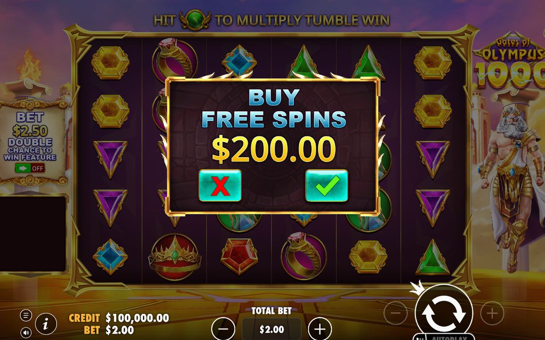 Bonus screen with Zeus Scatter symbols on the reels