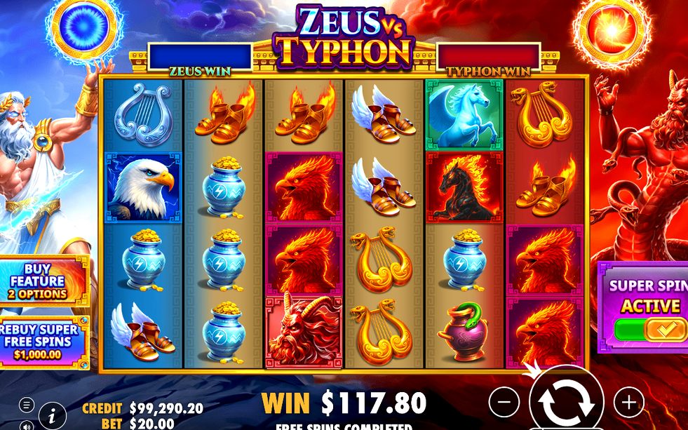 Base game 6x4 grid with Zeus WIN and Typhon WIN